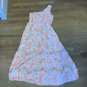 Bohemian One Shoulder Sleeveless Smocked Ruffle Tiered Maxi Dress Floral Pink